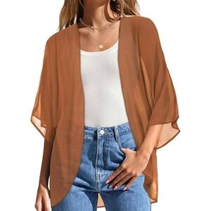 Womens XL Sheer Chiffon Kimono Cardigan‎ Cover Up Duster Brown Lightweight